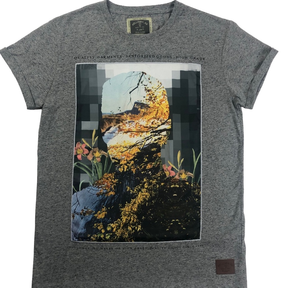 River Island, Men's heather grey t-shirt with silky printed placement panel